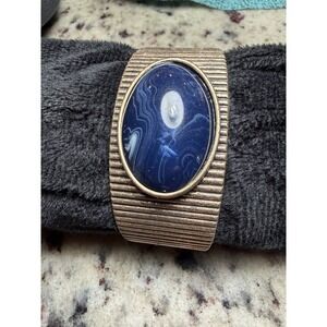 Vintage NRC Hinged Cuff Bracelet Blue Agate Cabochon Statement